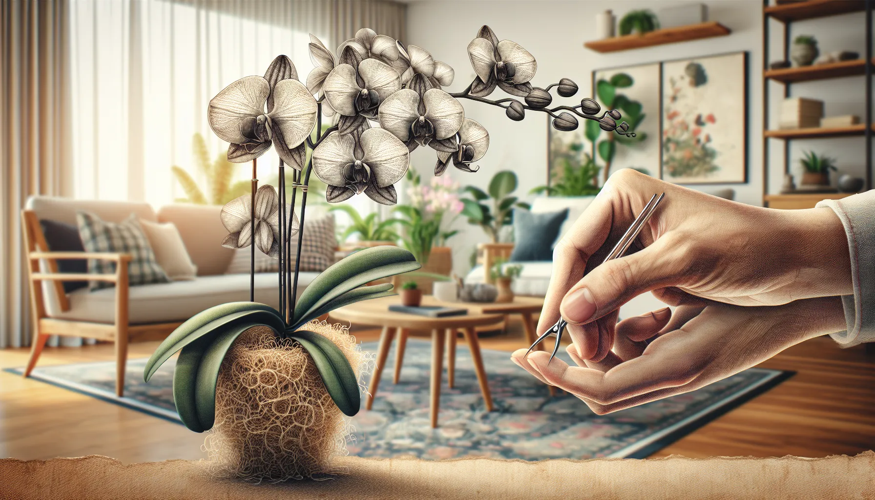 Imagen de una mano podando una orquídea cuidadosamente en un entorno Doméstico.