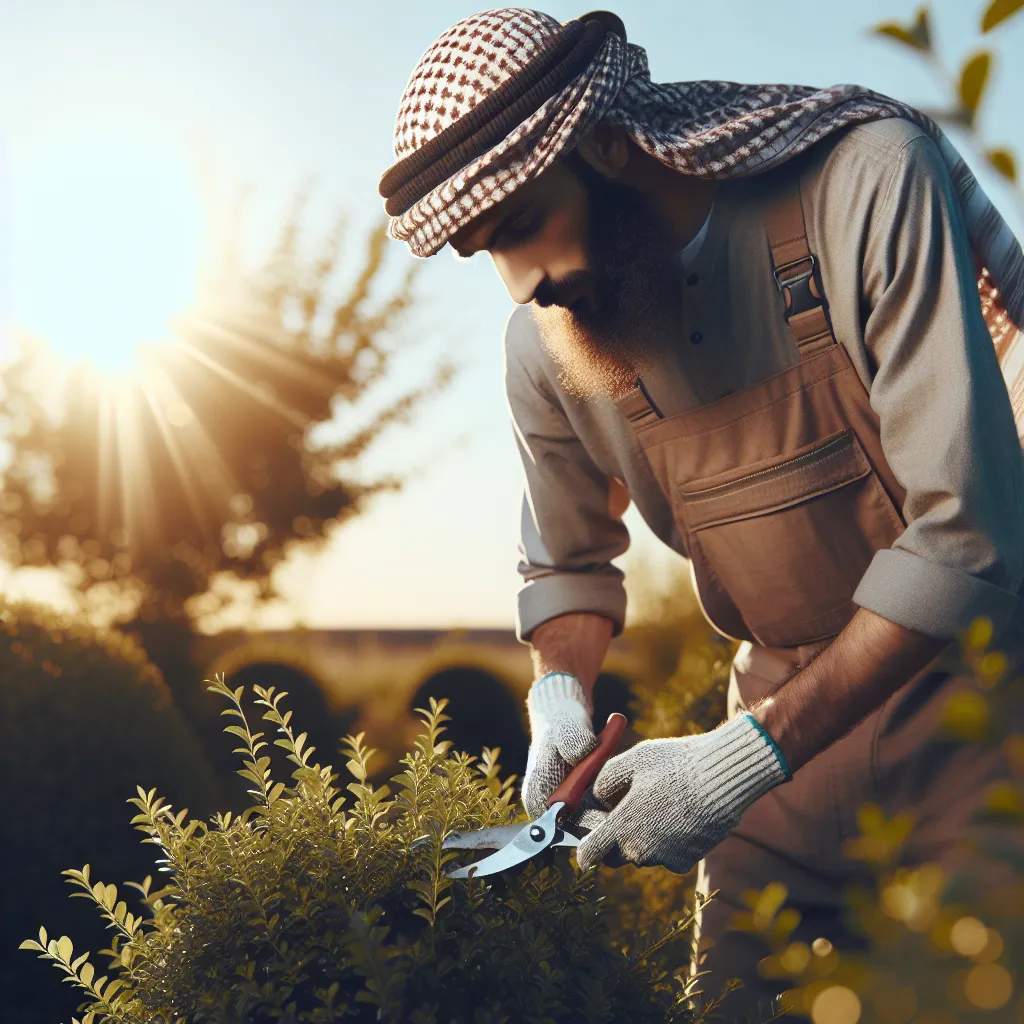 Foto de un jardinero podando un arbusto por la mañana, con el sol brillando en el fondo.
