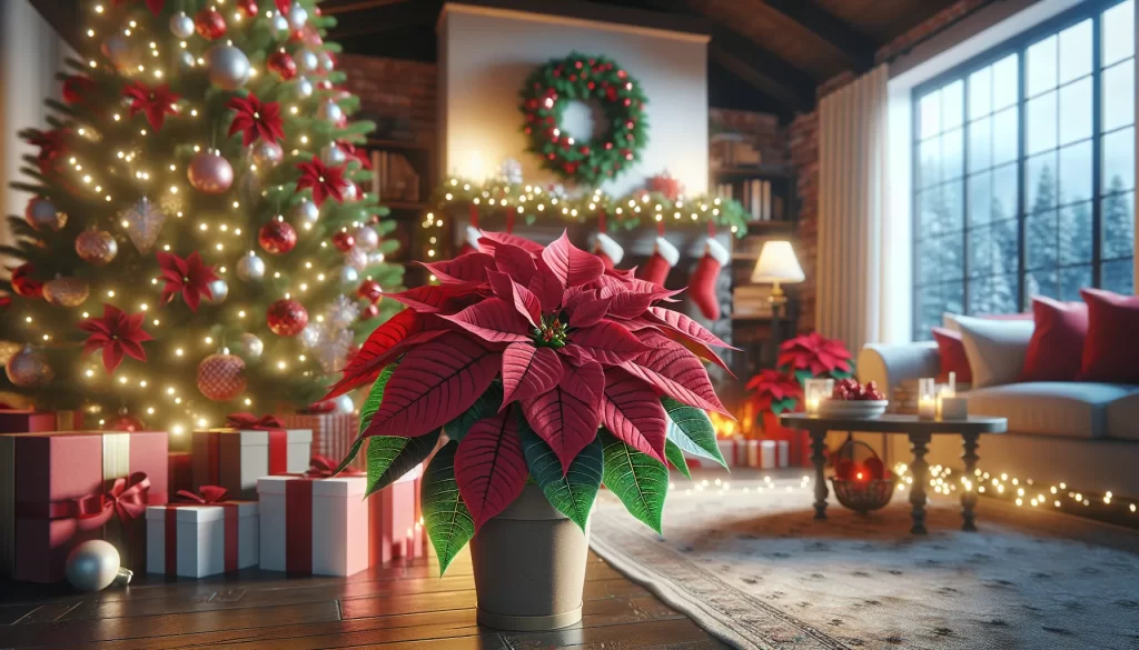 Imagen de una Poinsettia saludable y vibrante decorando un hogar navideño