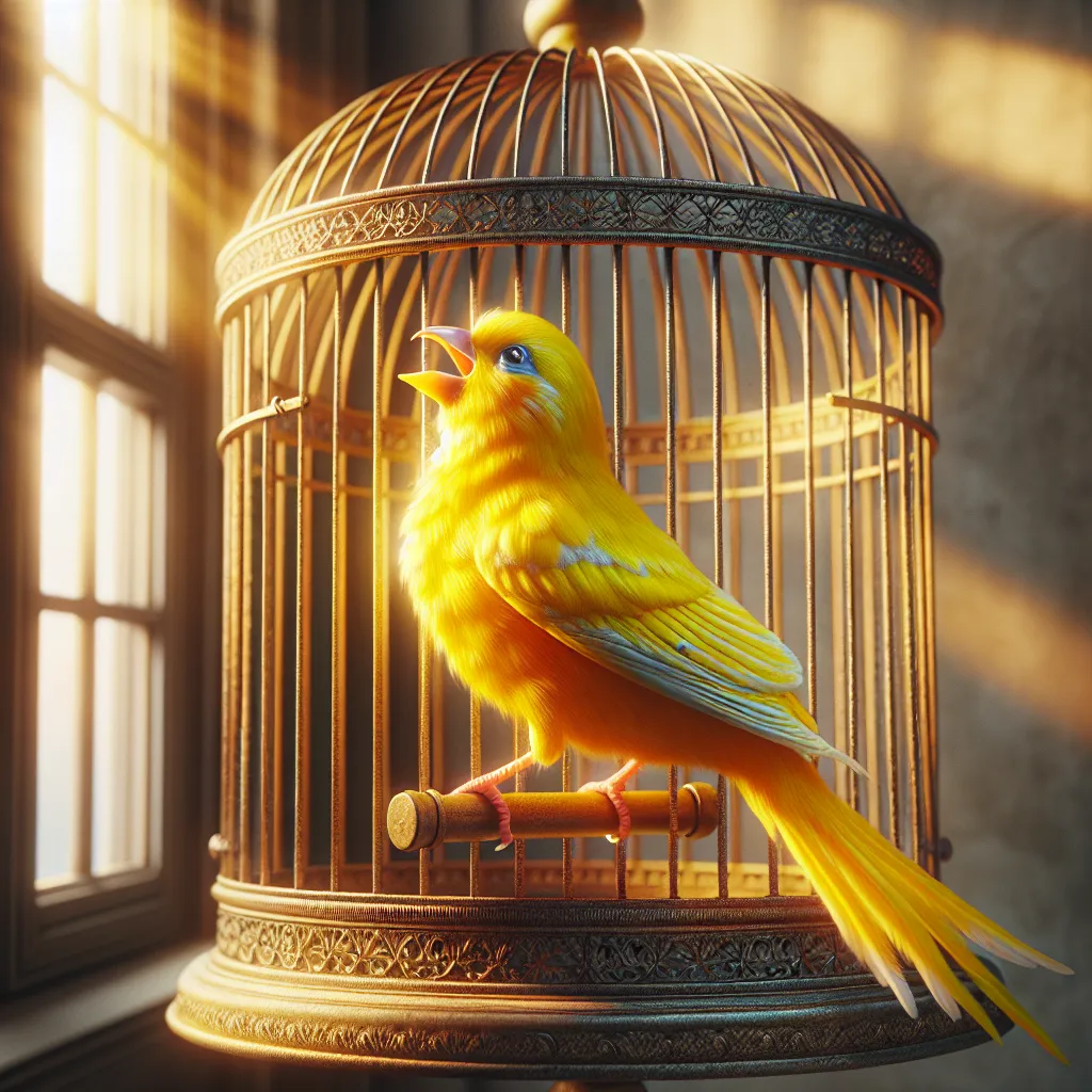 Un canario picoteando la jaula mientras canta alegremente.