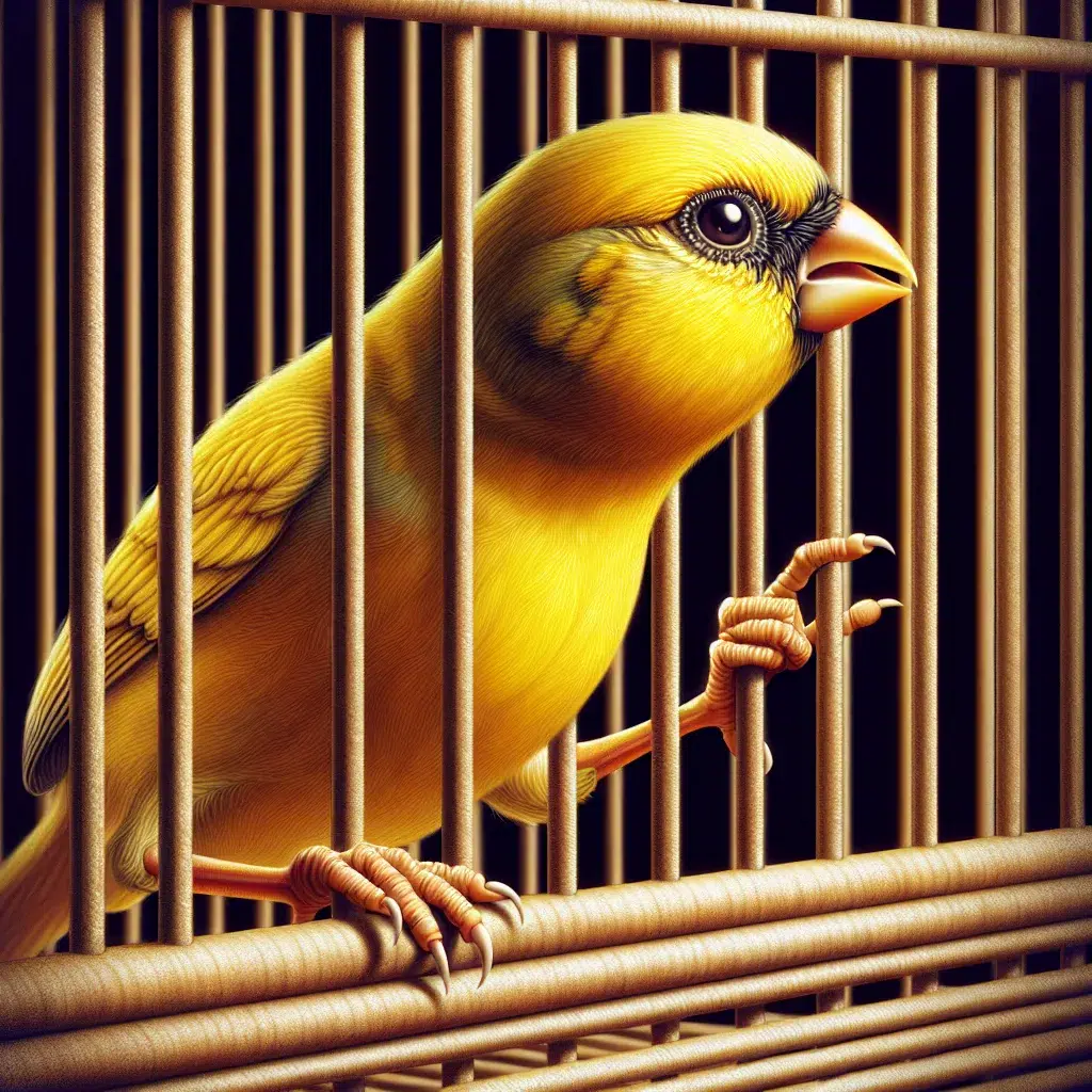 Imagen de un canario dentro de una jaula picoteando las barras de forma repetitiva.