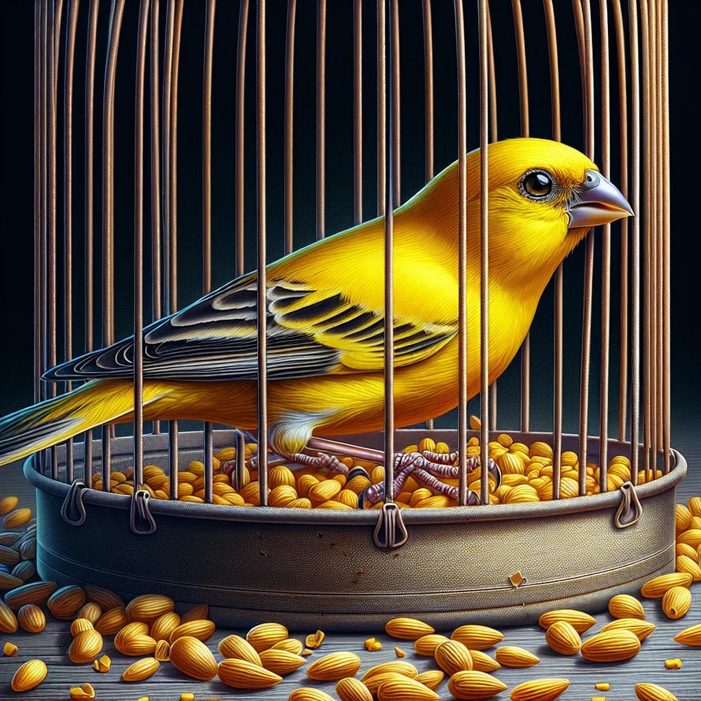 Un canario picoteando la comida en su jaula