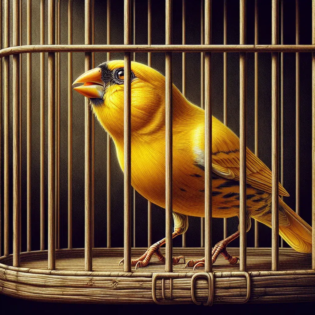 Imagen de un canario picoteando la jaula mientras busca libertad y atención.