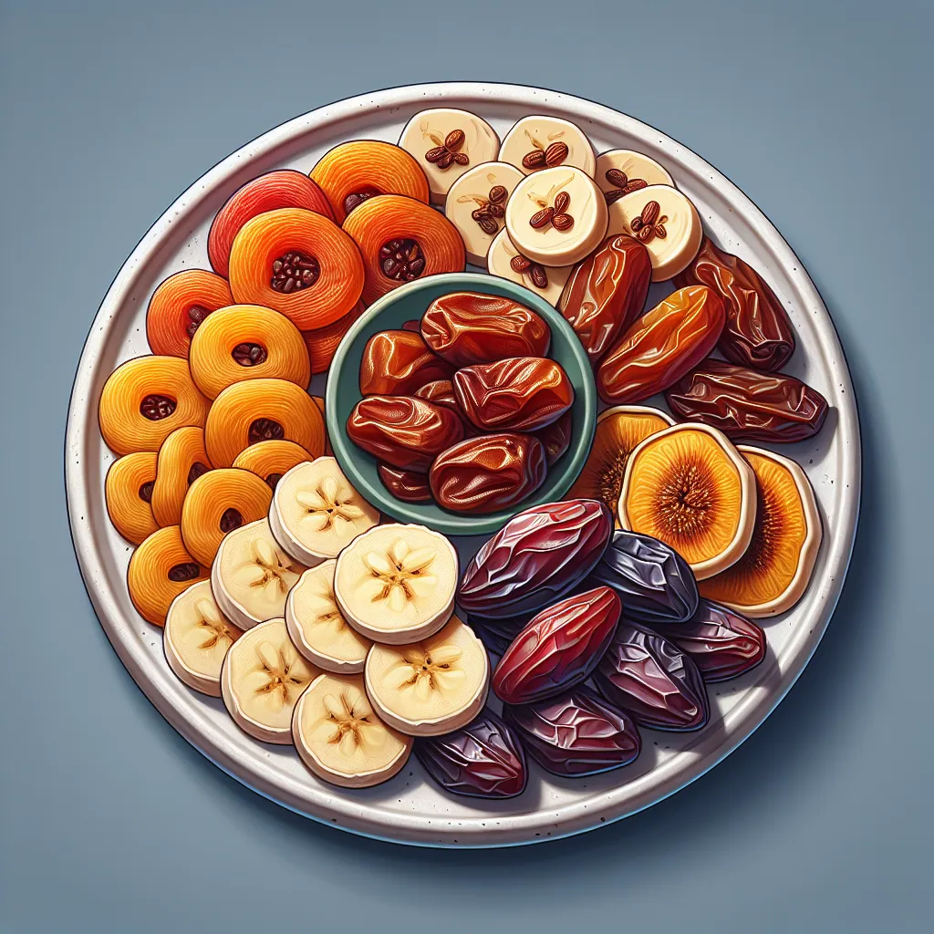 Frutas deshidratadas en un plato, opción saludable y práctica para picar entre comidas.