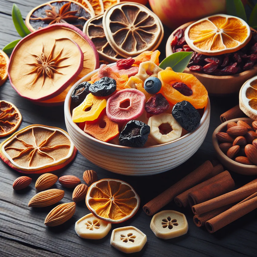 Imagen de una variedad de frutas deshidratadas dispuestas de forma colorida y atractiva, listas para ser disfrutadas como un snack saludable y delicioso.