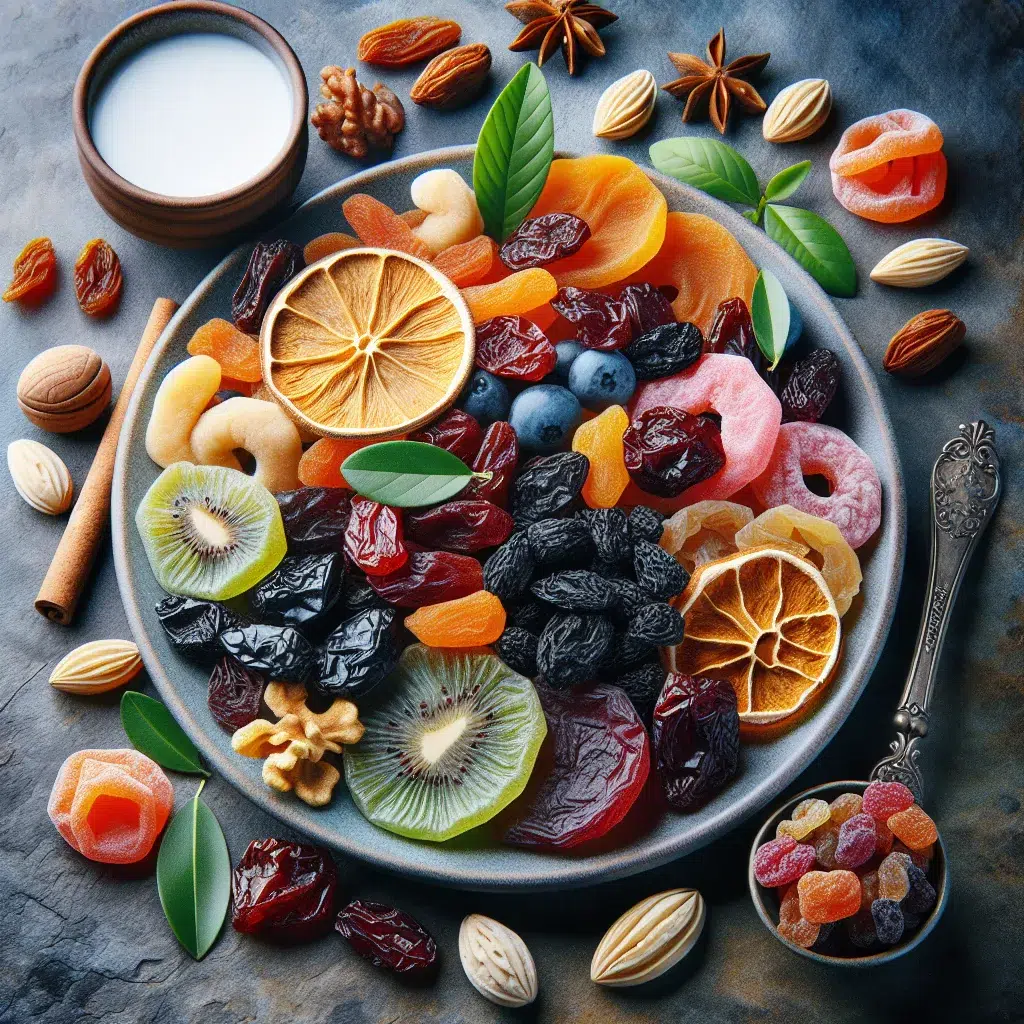 Variedad de frutas deshidratadas dispuestas en un plato, listas para ser disfrutadas como un snack saludable y delicioso.