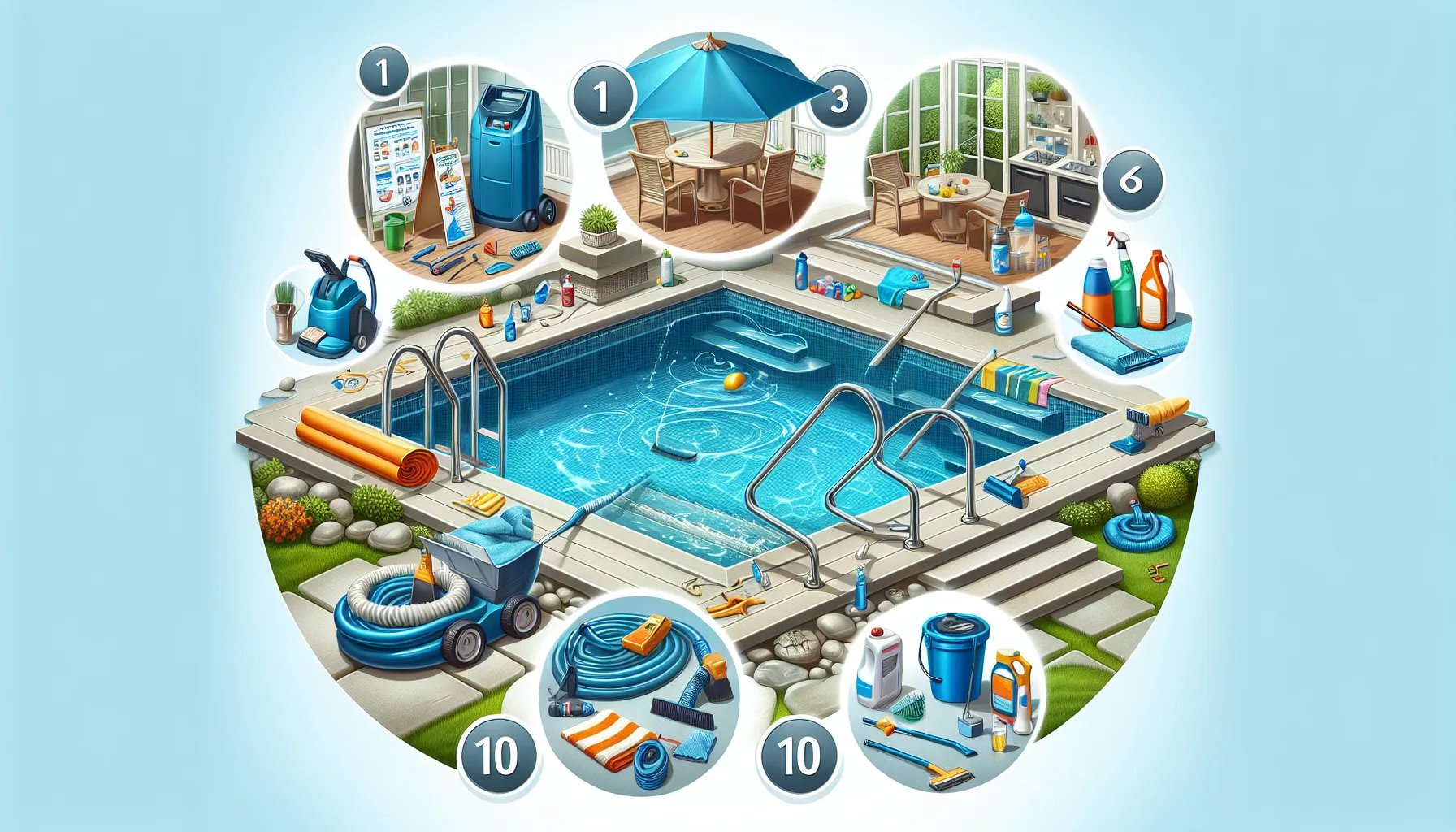 Imagen que muestra los 10 pasos para preparar la piscina antes del verano, con productos de limpieza y herramientas de mantenimiento.