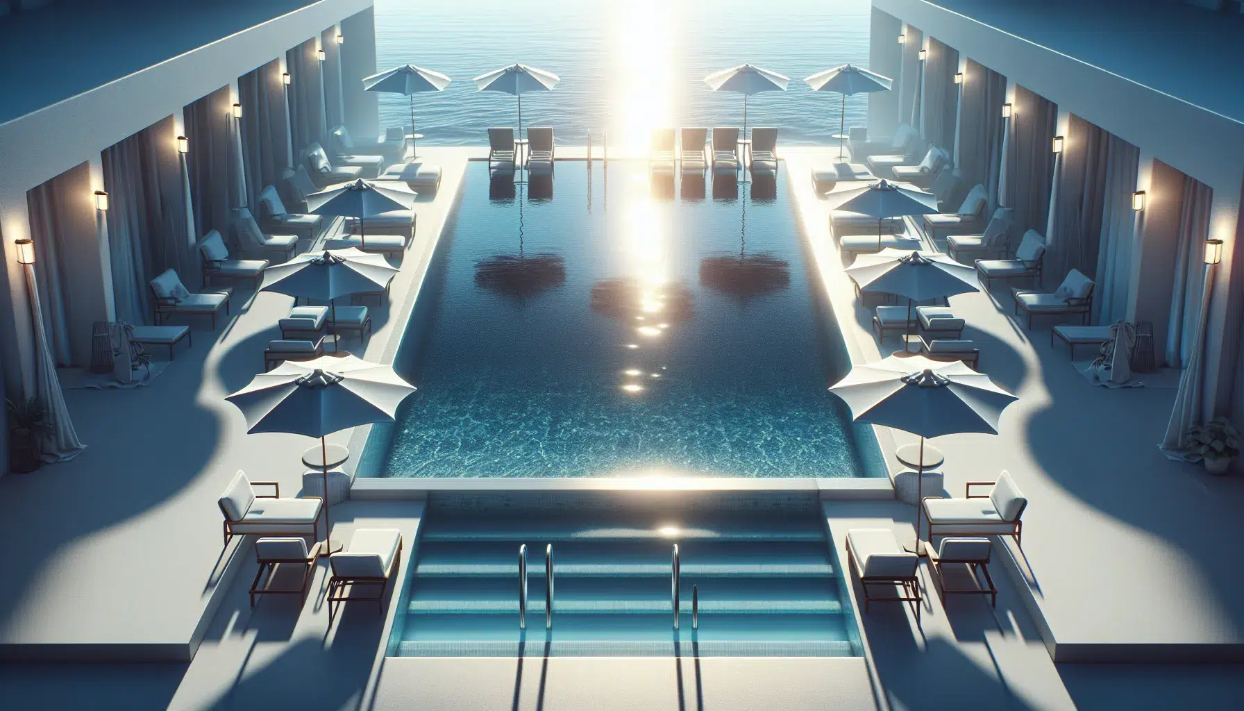 Imagen de una piscina cristalina con sillas y sombrillas alrededor, lista para disfrutar del verano