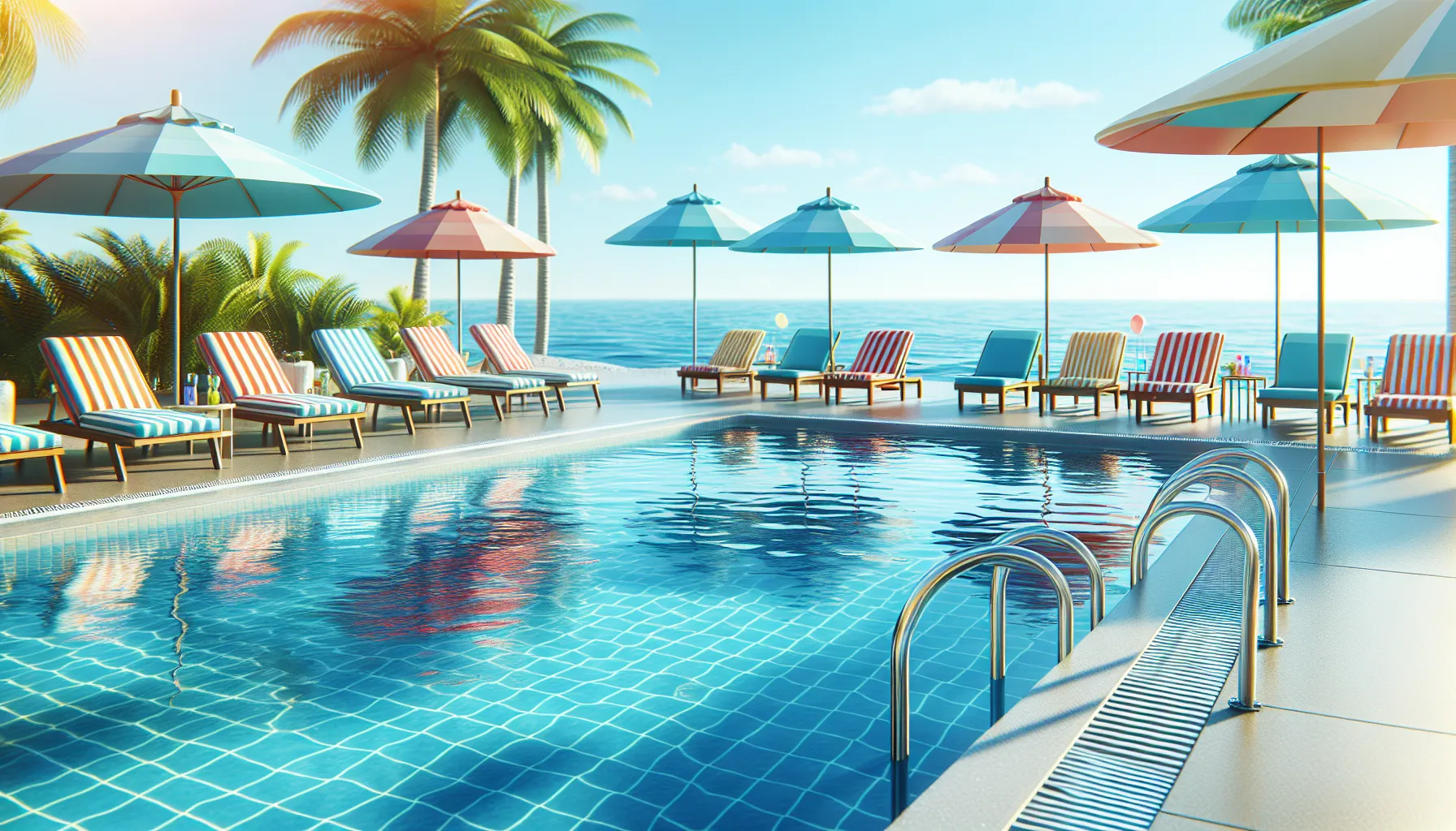 Imagen de piscina limpia y lista para el verano con sillas de playa y sombrillas.