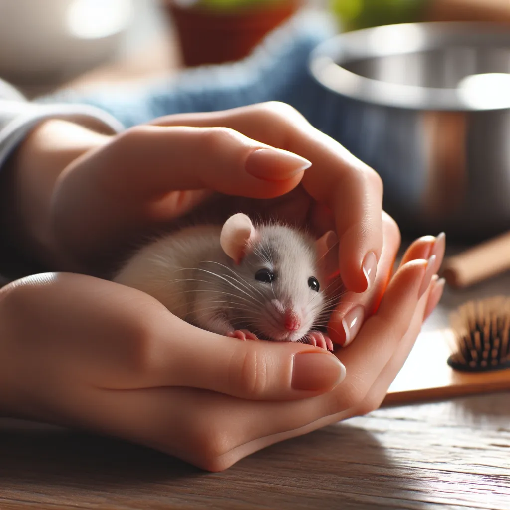 Imagen de una rata doméstica bebé siendo cuidada con amor y atención.