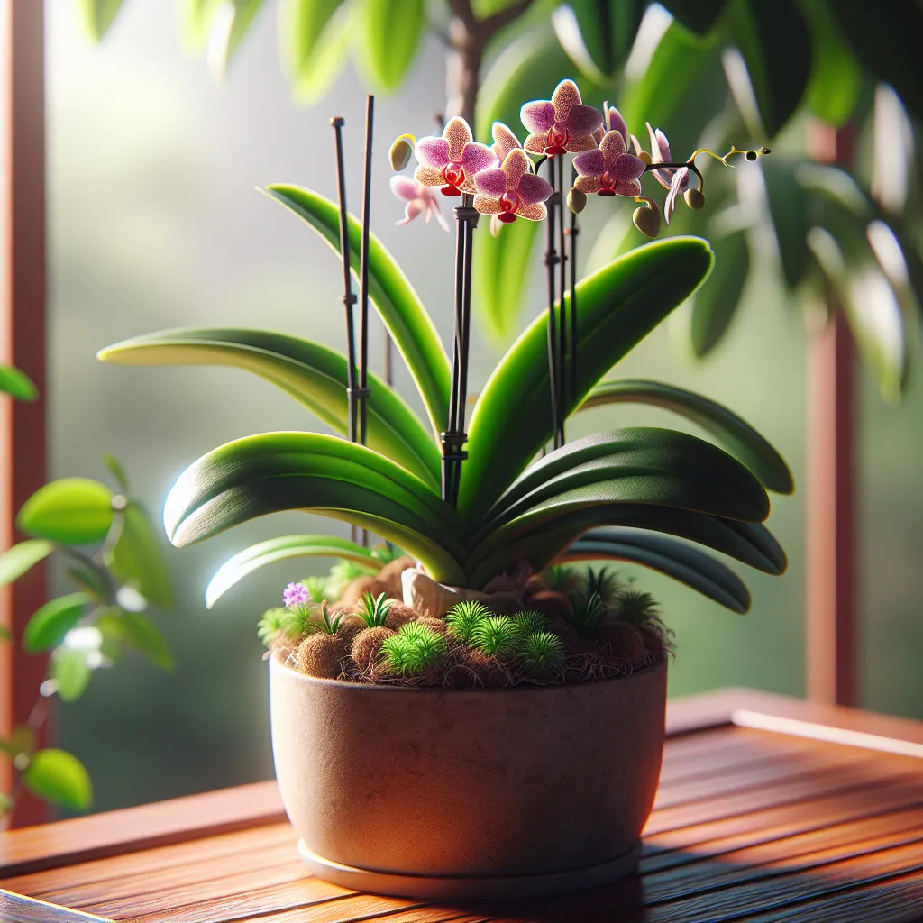 Orquídea sin flores en maceta con sustrato y hojas verdes en un ambiente luminoso y cálido.