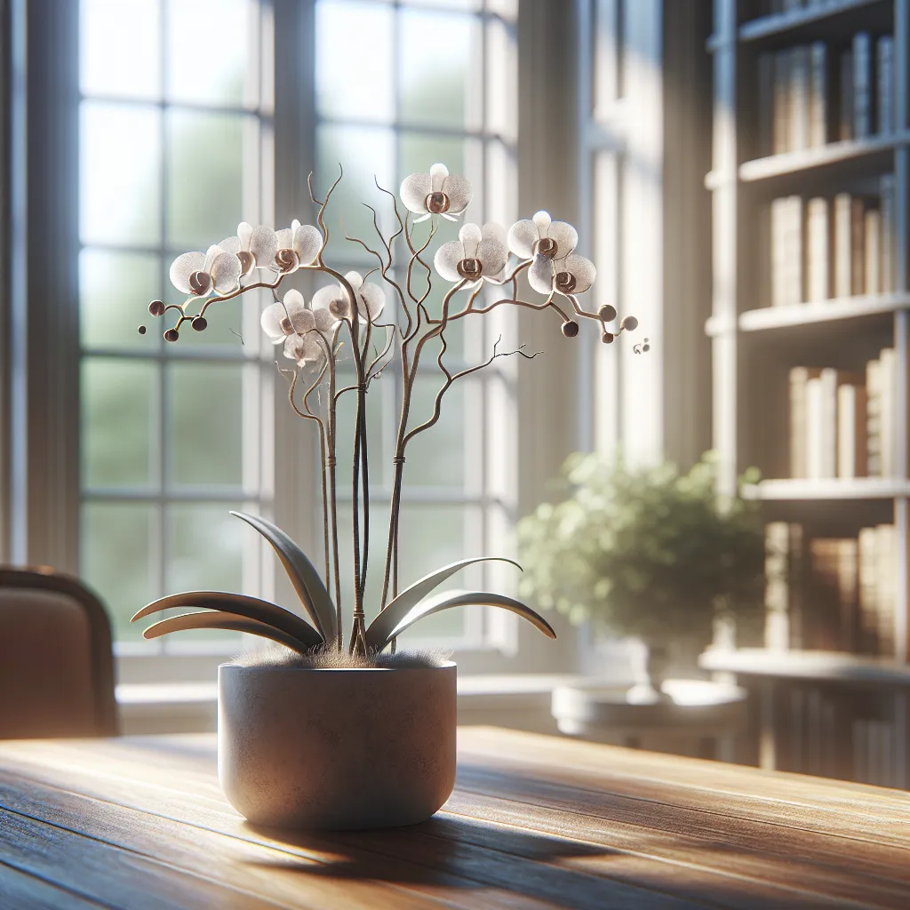 'Orquídea sin flores en maceta sobre mesa de madera con luz natural'.