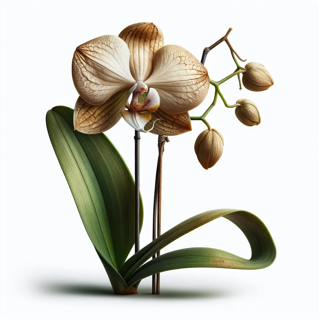 Orquídea con tallo floral marchito, mostrando hojas verdes y sanas, lista para recibir cuidados especiales después de la floración.