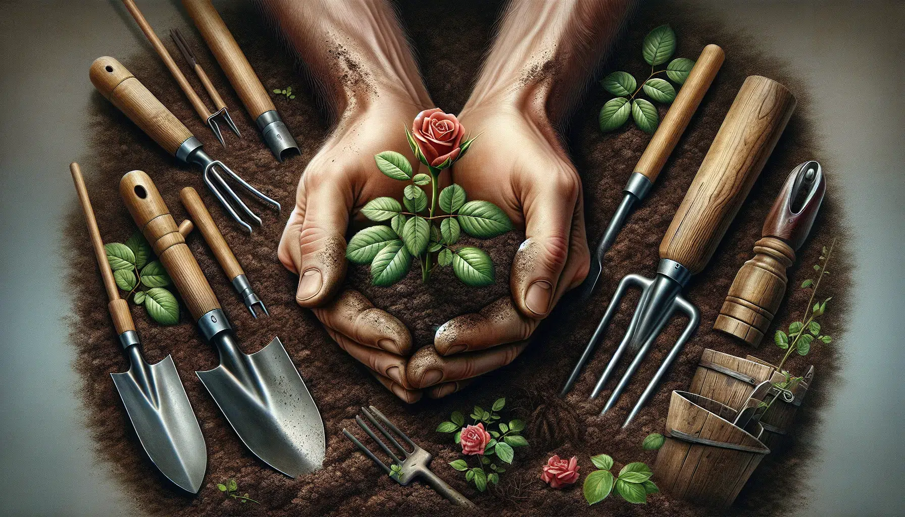 Imagen de manos plantando un rosal en un jardín con tierra y herramientas de jardinería