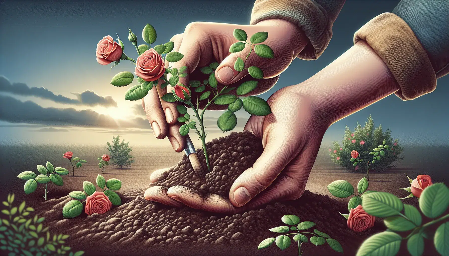Imagen de un par de manos plantando un rosal en un jardín, mostrando la técnica fácil y sencilla para tener rosales en tu hogar.