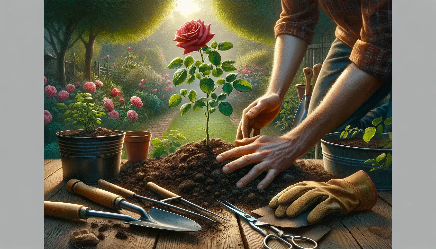 Imagen de manos plantando un rosal en un jardín con tierra y herramientas de jardinería alrededor.