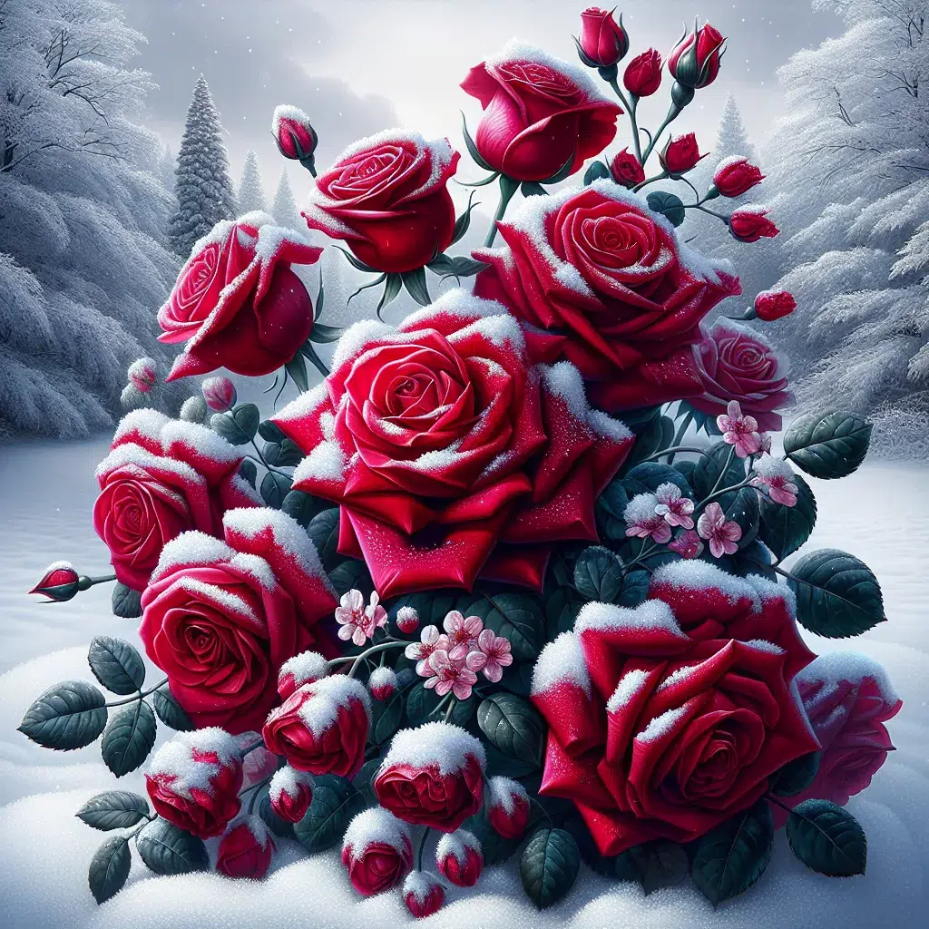 Ramo de rosas rojas en un jardín invernal