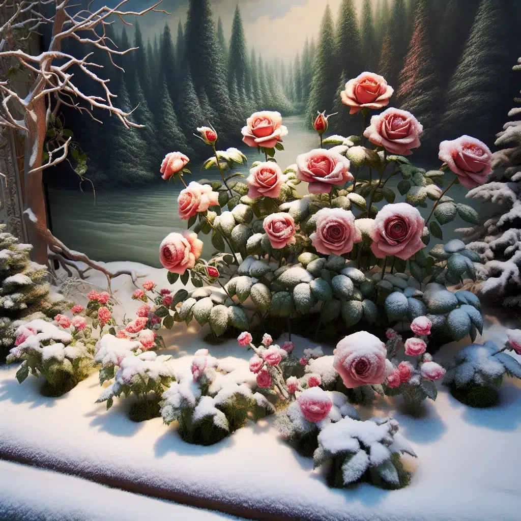 Imagen de rosas cubiertas de nieve en un jardín invernal, ilustrando el cuidado de las rosas en invierno para fomentar una floreciente primavera.