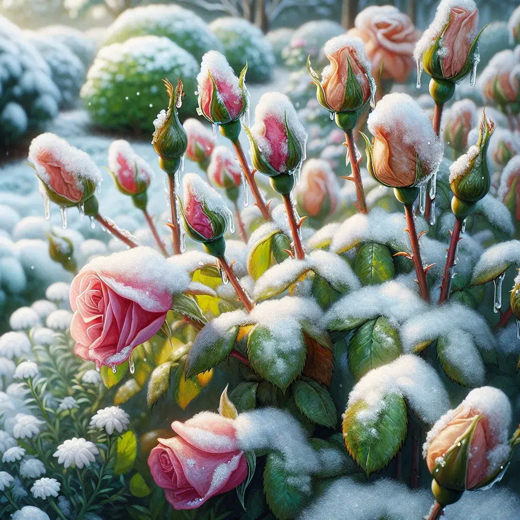 Imagen de rosas cubiertas de nieve en invierno, resistentes y listas para florecer en primavera en un jardín bien cuidado.