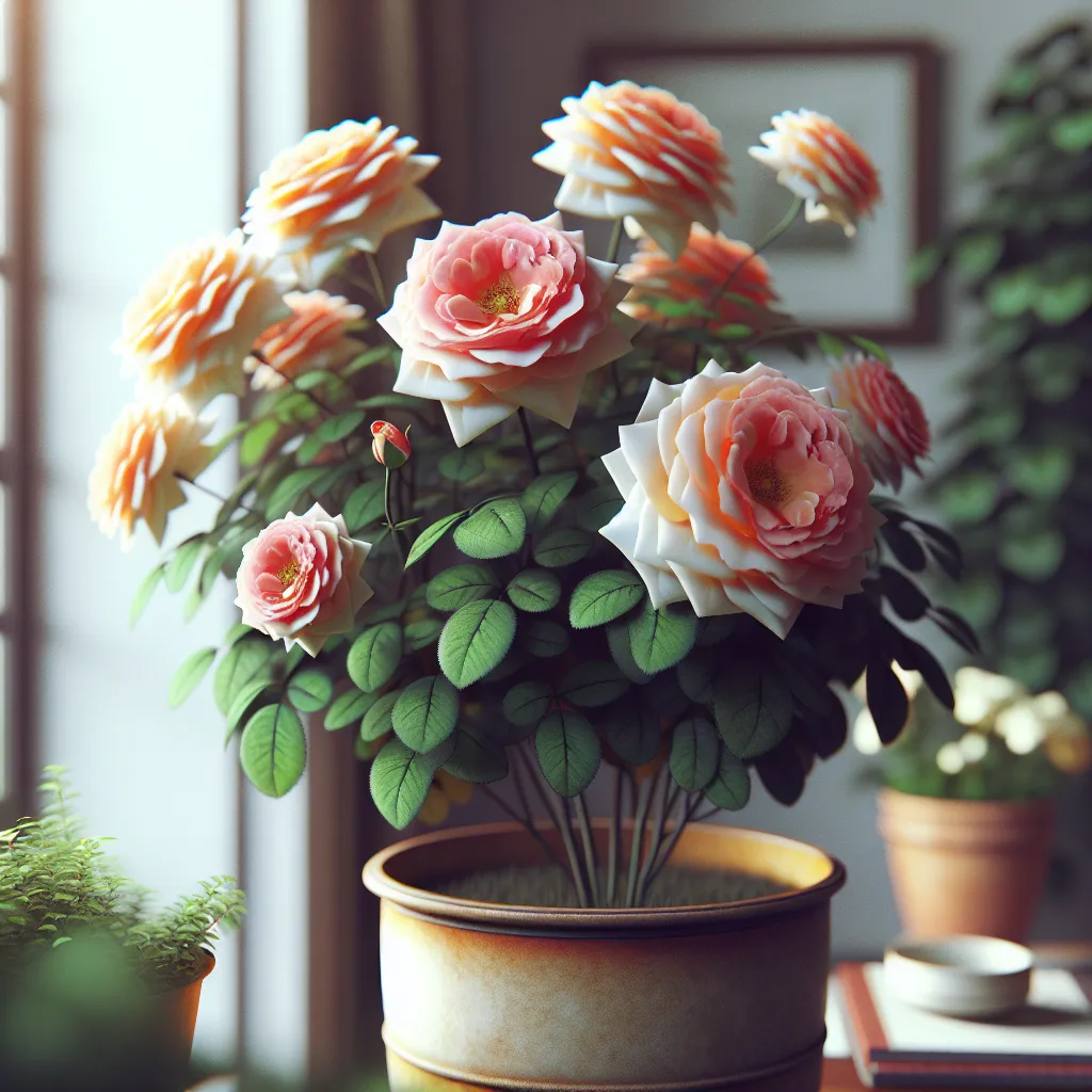 Imagen de una Rosa de Siria en una maceta bien cuidada, sana y floreciente, mostrando su belleza en un entorno doméstico. Ilustración visual para el artículo sobre el cuidado adecuado de la Rosa de Siria en macetas.