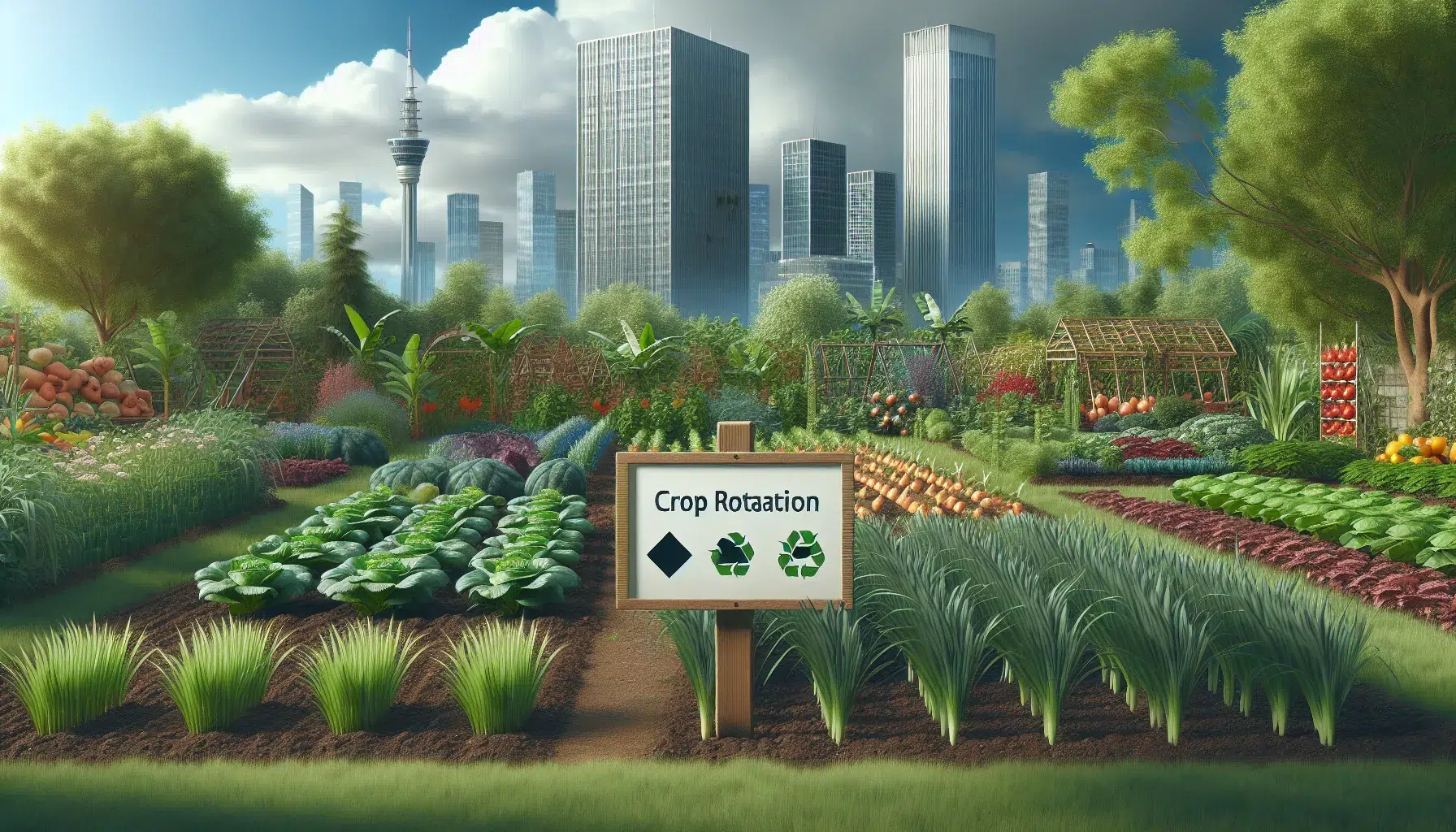 Imagen de un huerto variado con diferentes tipos de cultivos en crecimiento y letrero con la palabra 'Rotación de Cultivos' en primer plano.