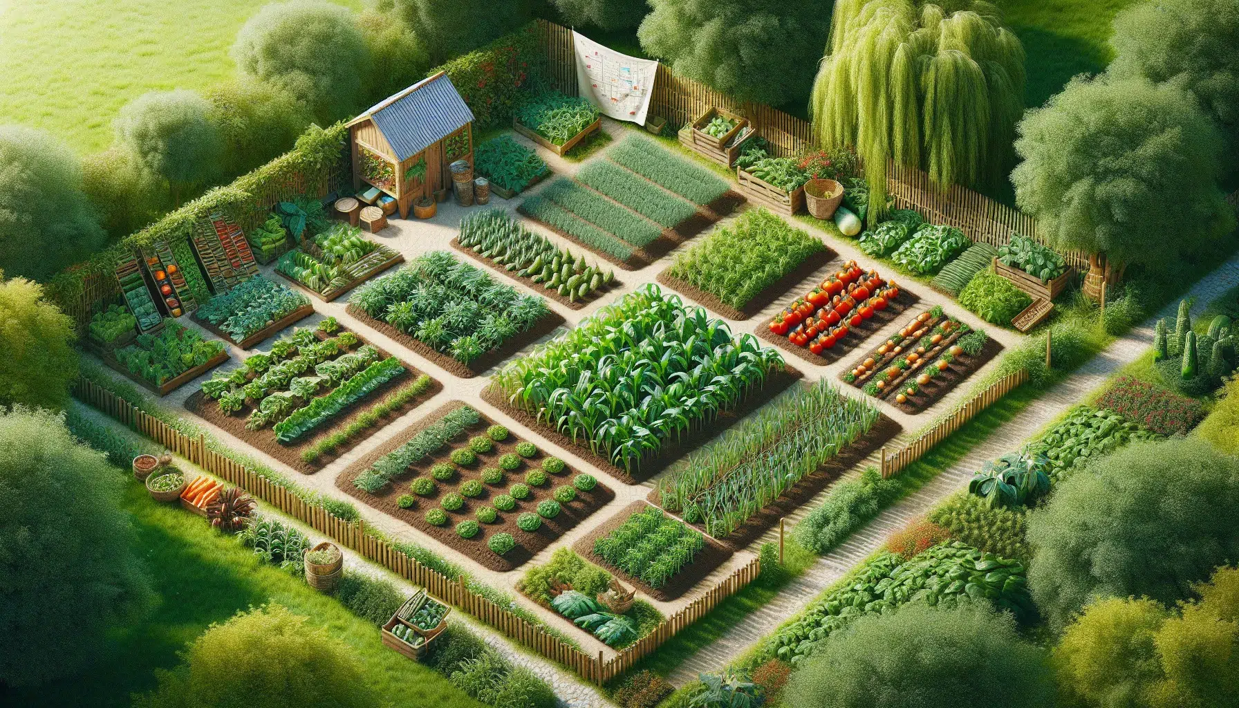 Imagen de un huerto con variedad de cultivos organizados en diferentes parcelas, representando la planificación exitosa de la rotación de cultivos en el huerto.