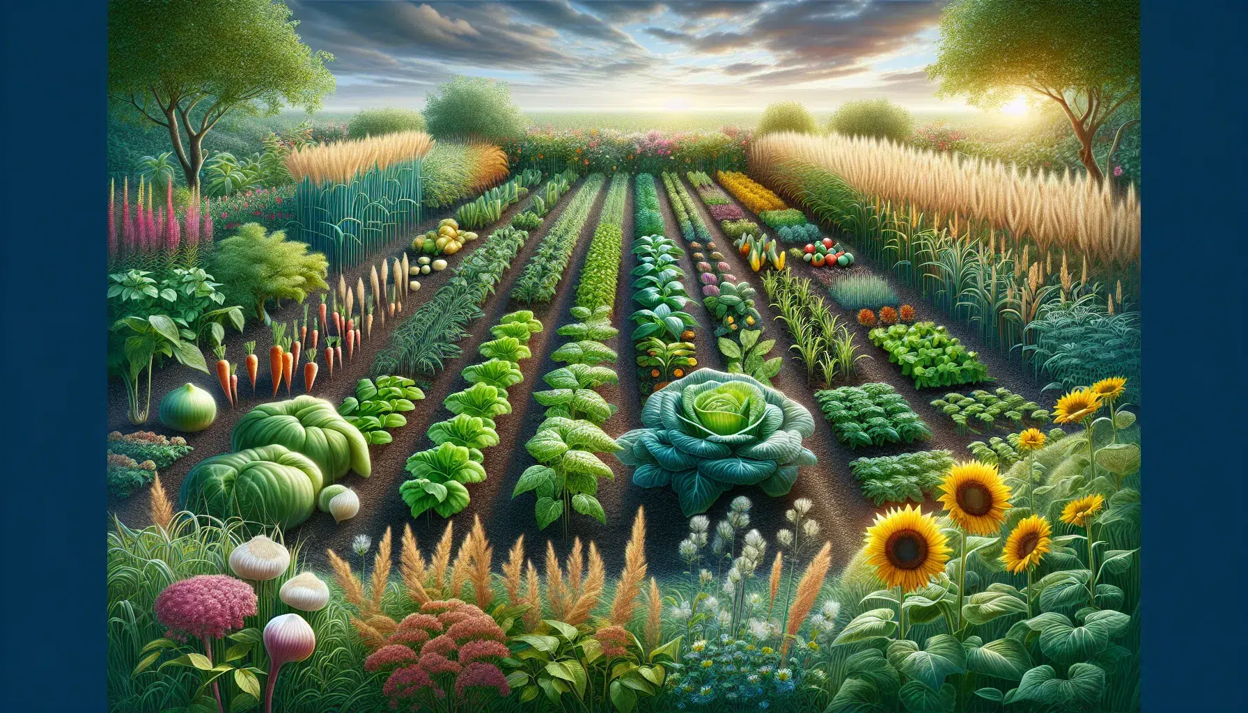 Imagen de un huerto con diferentes tipos de plantas intercaladas, representando la rotación de cultivos de forma exitosa.