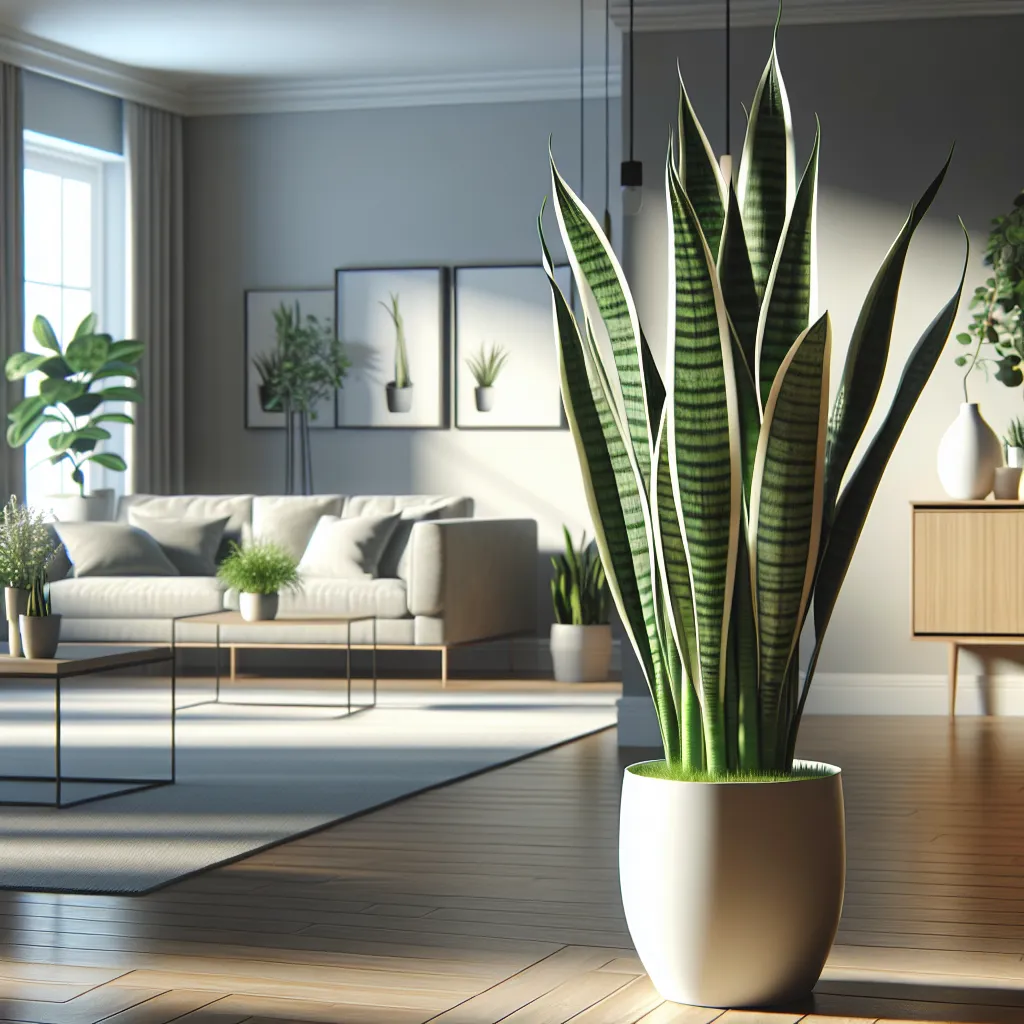 Imagen de una hermosa Sansevieria en un hogar bien iluminado y cuidado, representando la correcta forma de mantener esta planta en interiores.