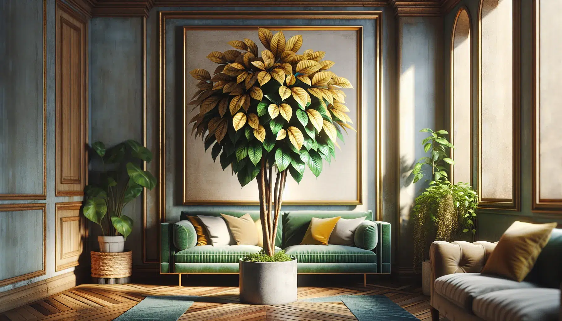 Imagen de una Schefflera Gold Capella, una planta de interior y exterior, mostrando su follaje verde y dorado en un entorno hogareño.