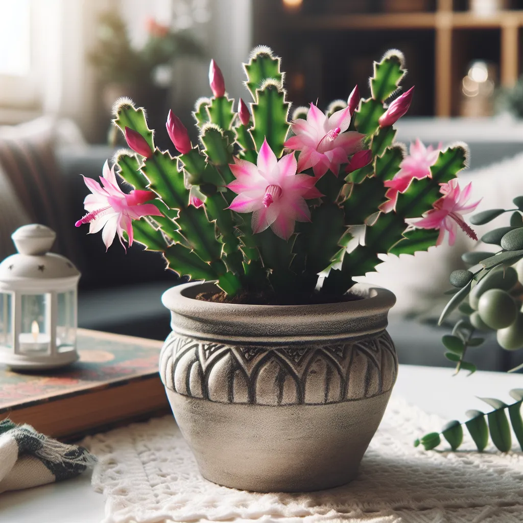 Imagen de un cactus de Navidad Schlumbergera truncata en una maceta decorativa, con flores de color rosa y hojas dentadas, en un entorno luminoso y acogedor.