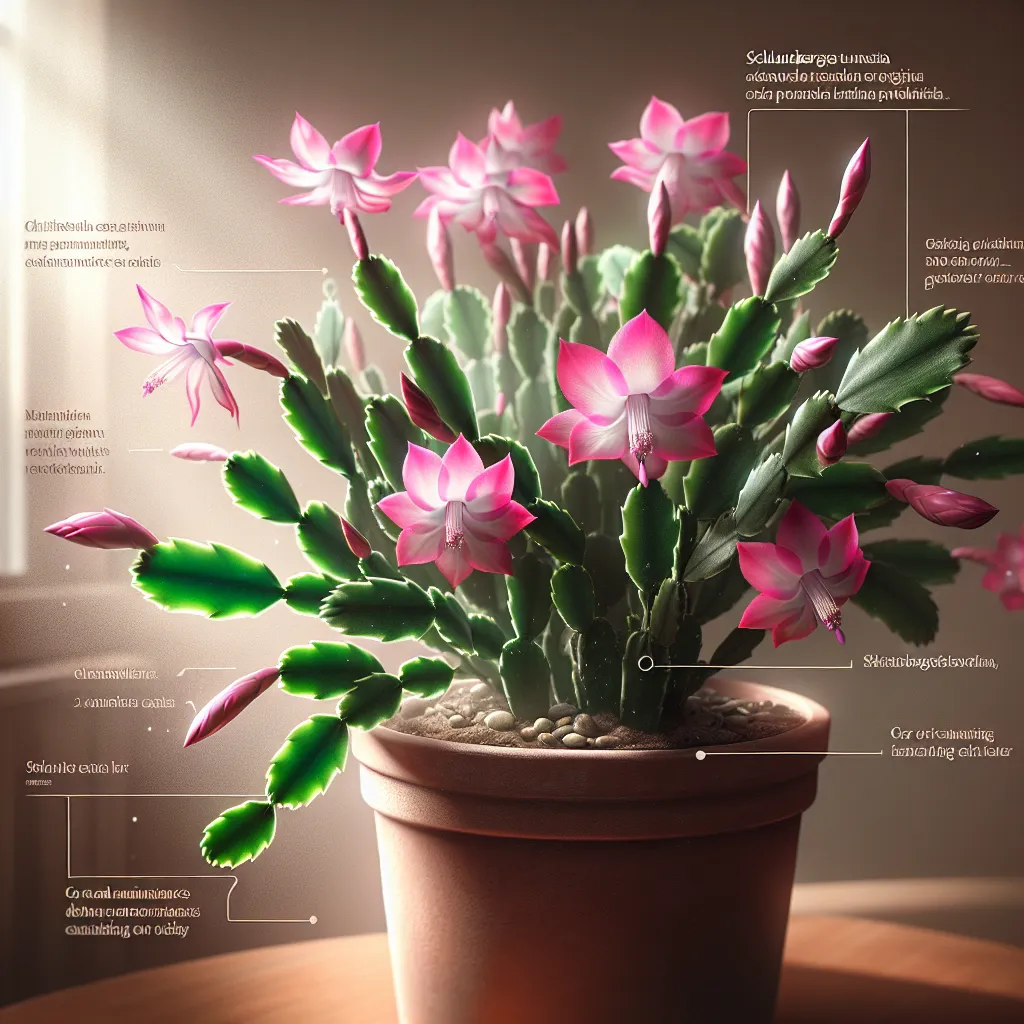 Cactus de Navidad Schlumbergera truncata en maceta con flores rosadas y verdes hojas planas, iluminado por la luz del sol. Cuidados y consejos para mantenerlo saludable durante las fiestas.