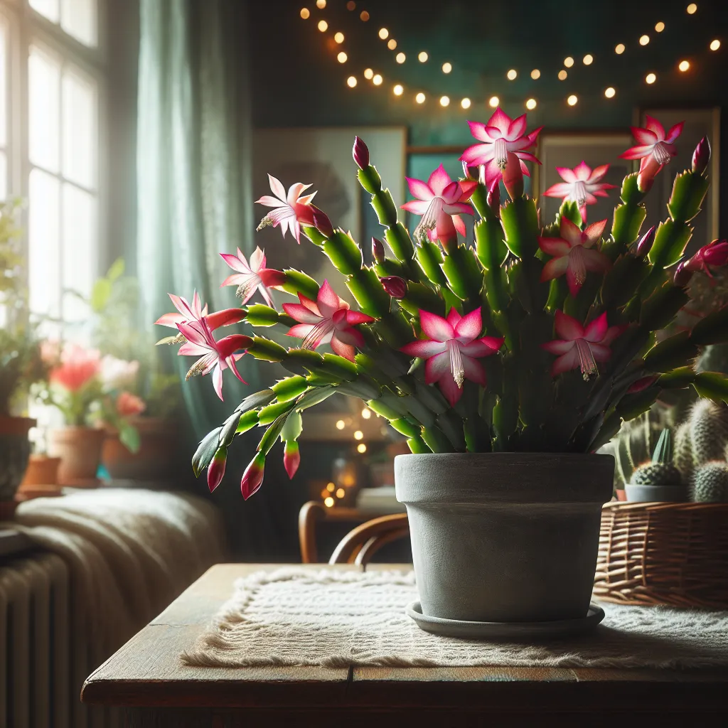 Imagen de un cactus de Navidad Schlumbergera truncata en un ambiente hogareño, mostrando sus flores de colores vibrantes y su follaje verde y exuberante.