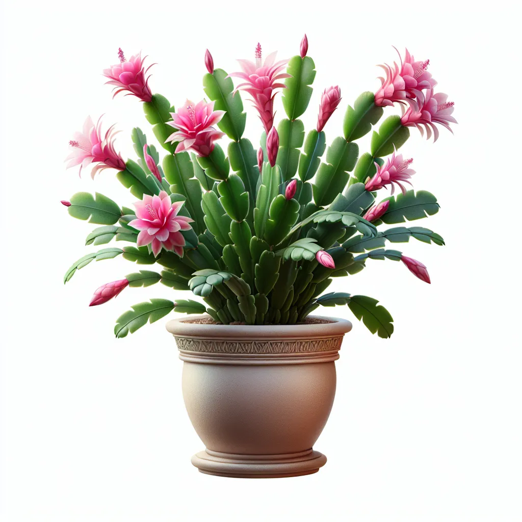 Imagen de un cactus de Navidad Schlumbergera truncata en maceta decorativa, con flores de color rosa y hojas planas y dentadas. La planta tiene un aspecto saludable y bien cuidado, mostrando su belleza en un ambiente luminoso.