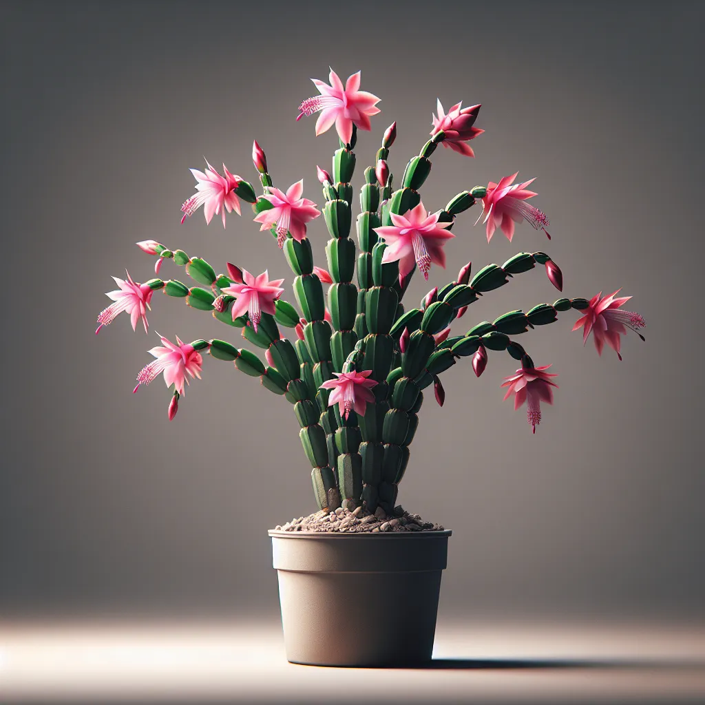 Imagen de un cactus de Navidad Schlumbergera truncata en maceta, con flores rosadas en plena floración, mostrando su forma y cuidados específicos.