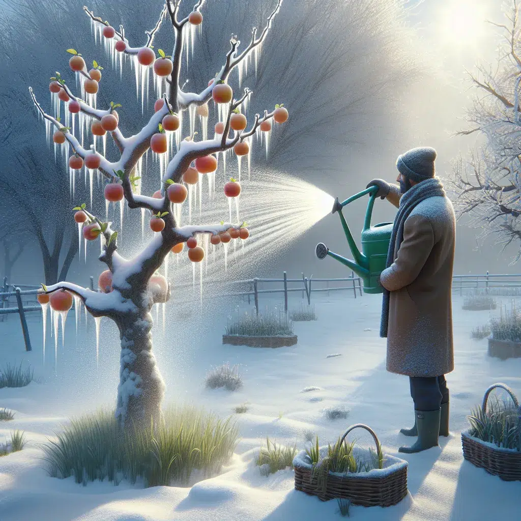Imagen de un árbol frutal siendo regado durante el invierno para mantener su salud y buena producción.