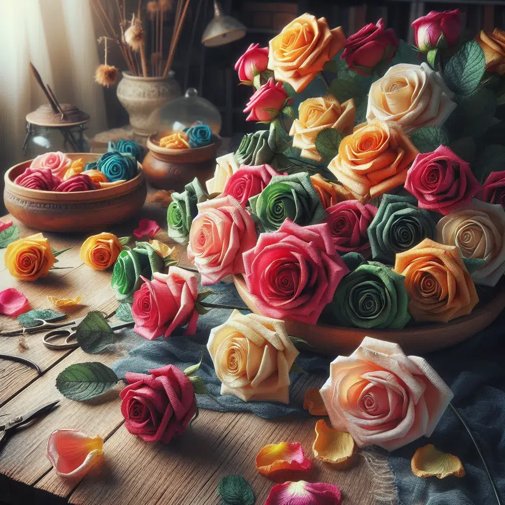 Rosas de colores brillantes dispersas sobre una mesa, secándose con delicadeza en un entorno casero acogedor.