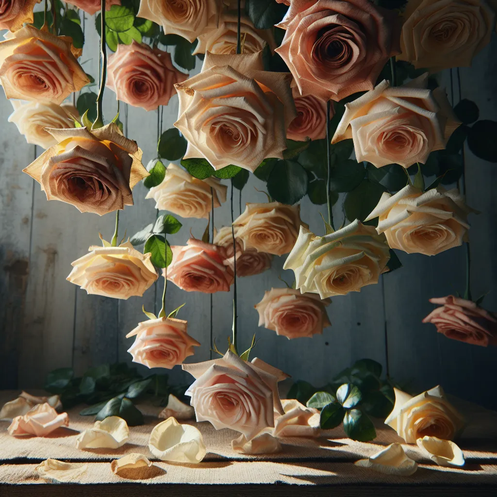 Imagen de rosas frescas colgadas boca abajo en un lugar soleado, parte del proceso de secado casero de rosas.