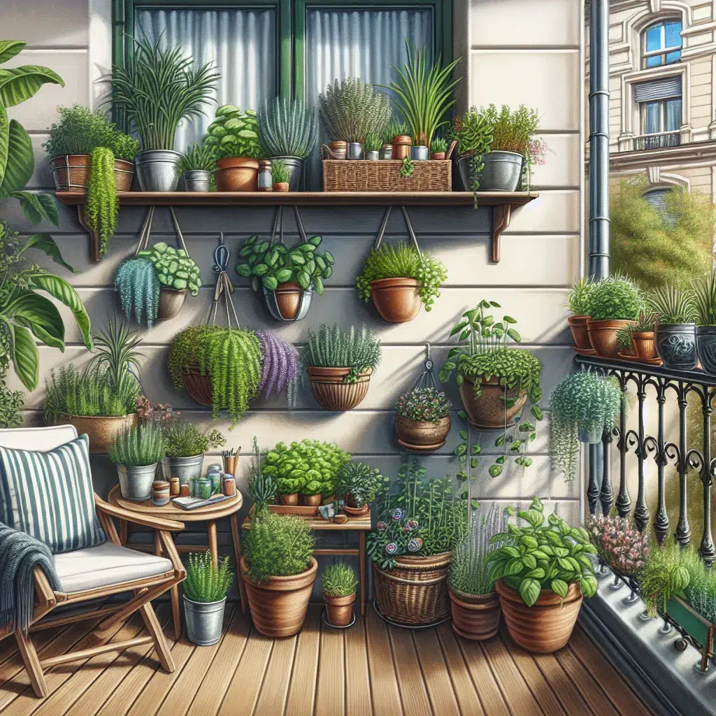 Imagen de un balcón decorado con macetas y plantas comestibles, representando un huerto urbano en casa.