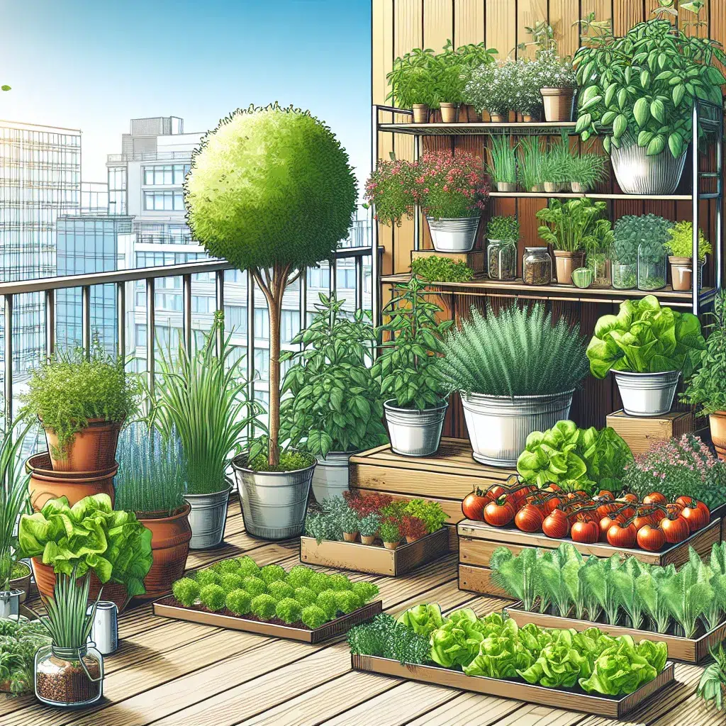 Imagen ilustrativa de un huerto urbano en un balcón con macetas y plantas de tomate, lechuga y hierbas aromáticas.