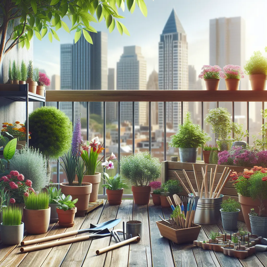 Imagen de un huerto urbano en un balcón con macetas, plantas y herramientas de jardinería, representando el inicio de un proyecto de jardín en casa.