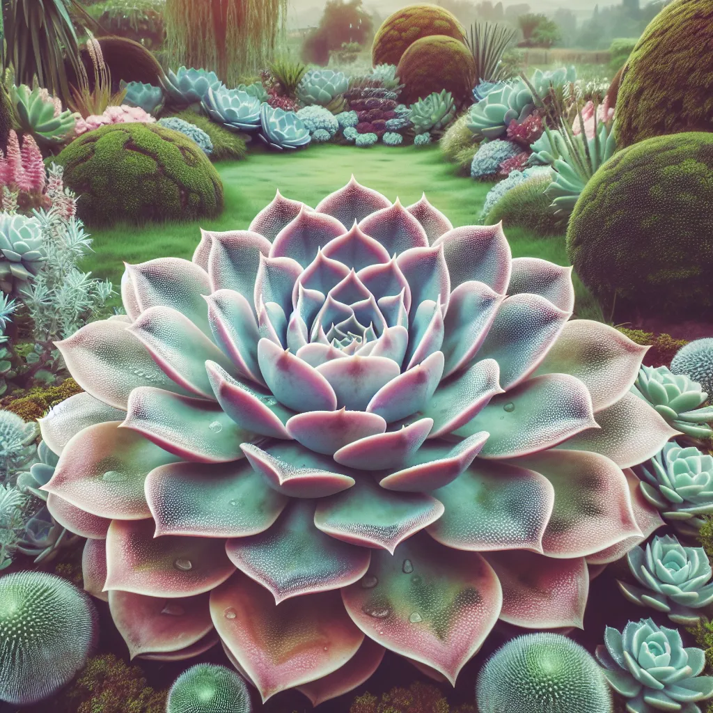 Imagen de una hermosa Echeveria en un jardín bien cuidado, transmitiendo belleza y armonía.