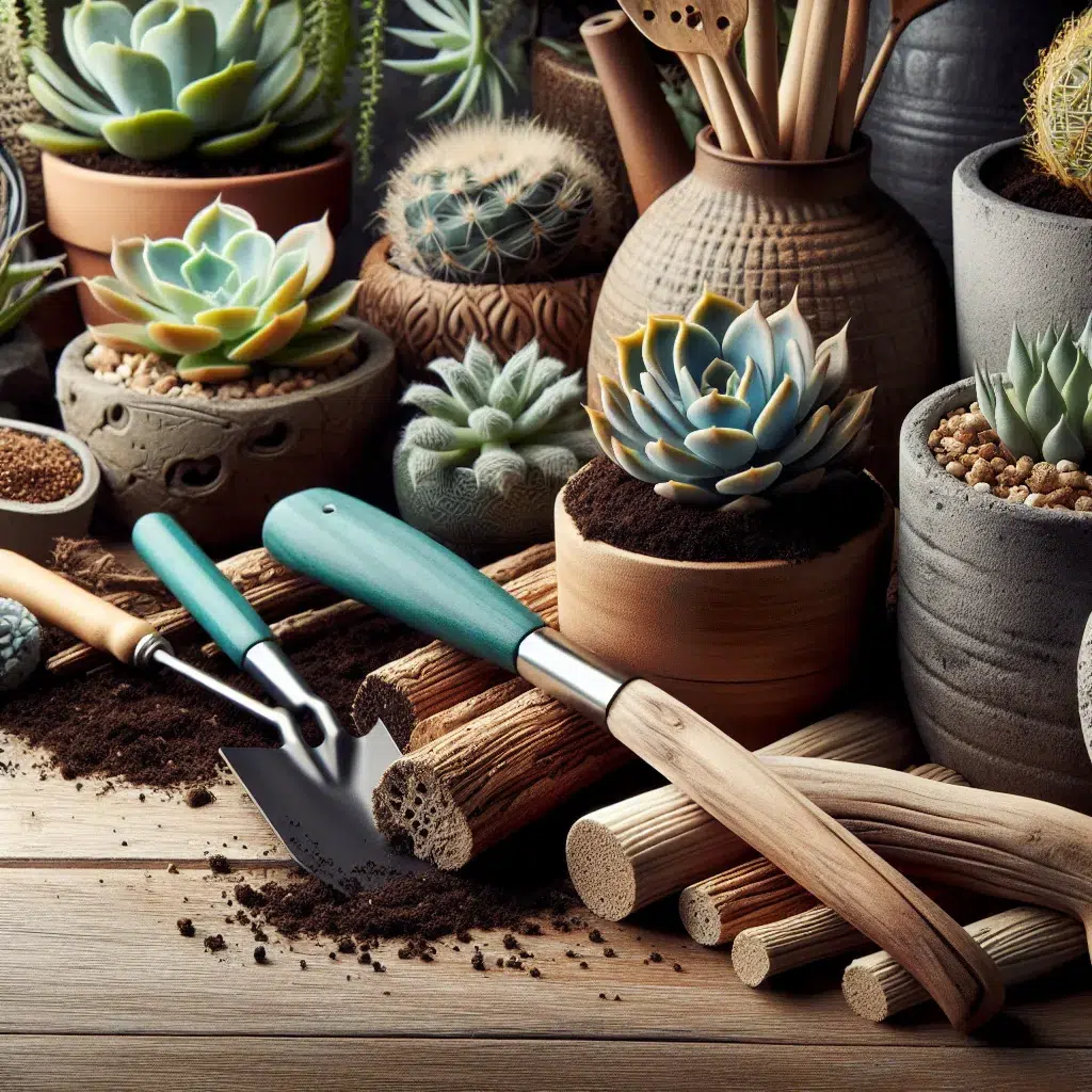 Imagen de un surtido de sustratos naturales y herramientas de jardinería, con plantas suculentas al fondo.
