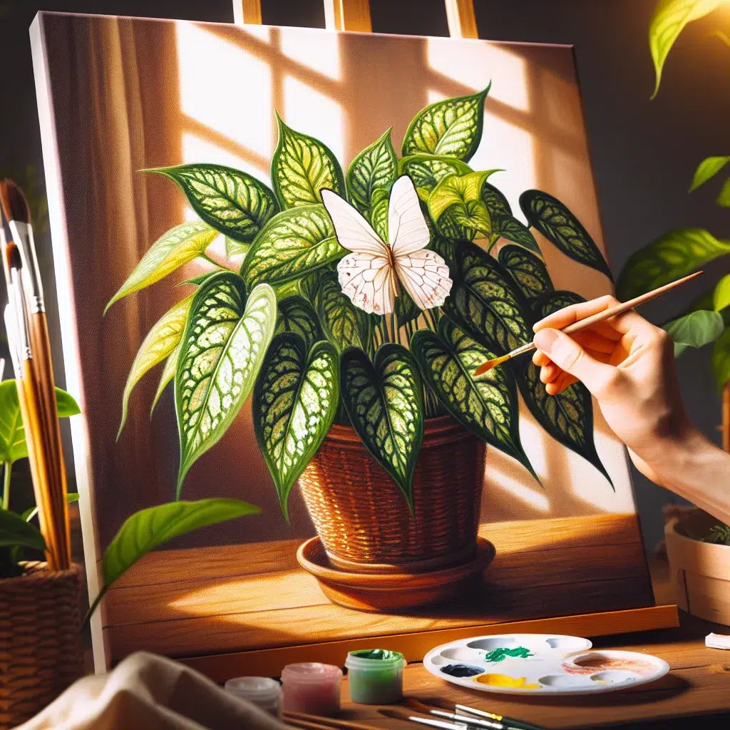 Imagen de una planta Syngonium White Butterfly en un ambiente hogareño, ilustrando los cuidados necesarios para mantener su belleza y salud.