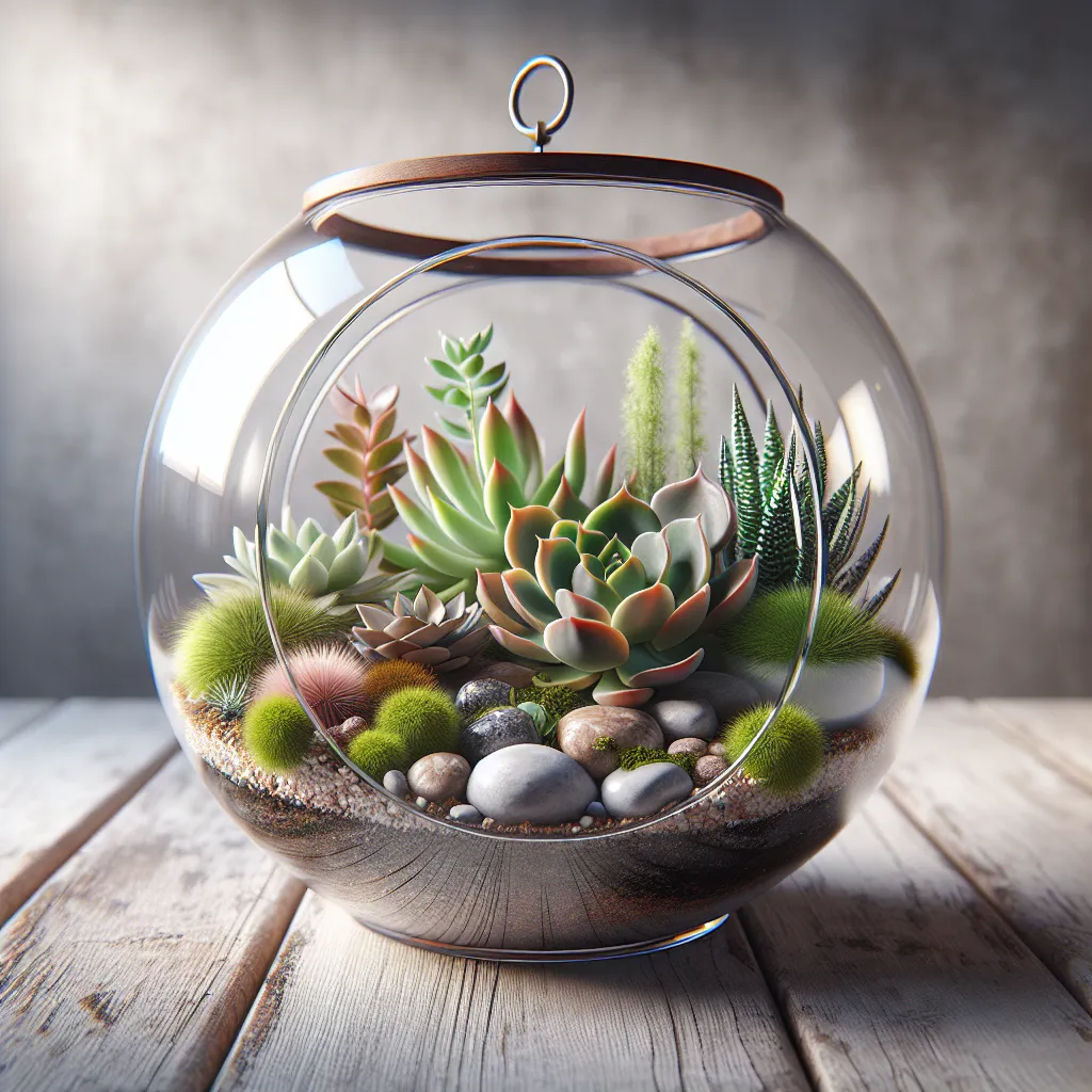 Terrario de suculentas con diferentes plantas y colores en una esfera de cristal, decorado con piedras y musgo, listo para ser creado en casa.