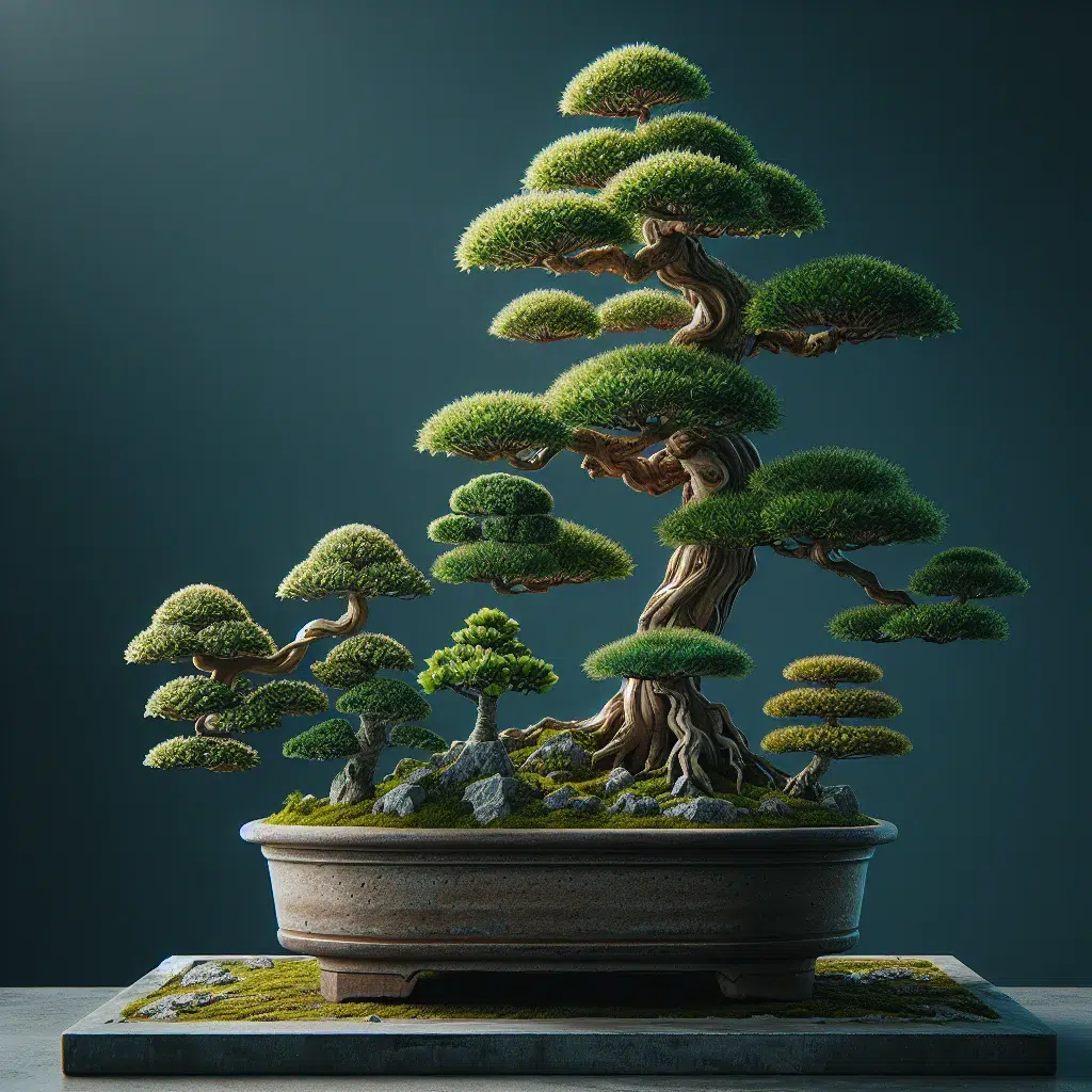 Imagen de diversos tipos de bonsái en distintos tamaños y estilos, resaltando la variedad y belleza de estos árboles en miniatura.