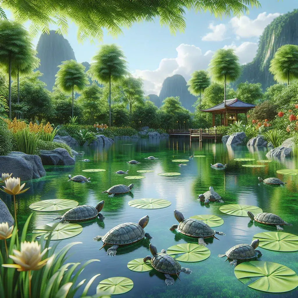 Imagen de un estanque exterior con tortugas nadando felizmente