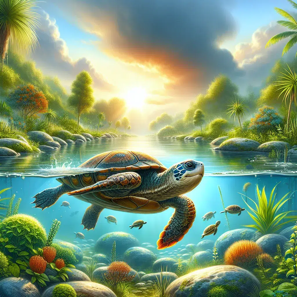 Imagen ilustrativa de una tortuga nadando felizmente en un estanque al aire libre, rodeada de vegetación y agua cristalina.