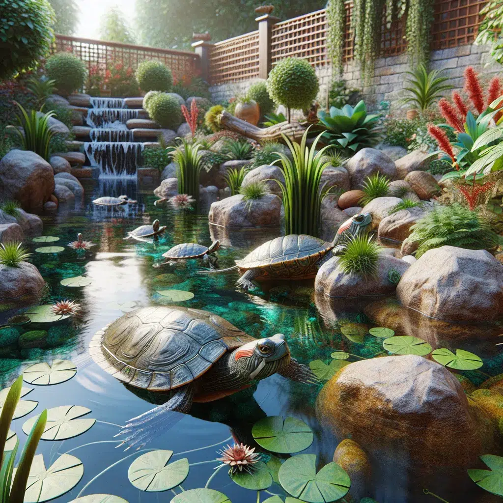Imagen de un estanque exterior con tortugas nadando felices y saludables, rodeadas de plantas acuáticas y rocas decorativas.