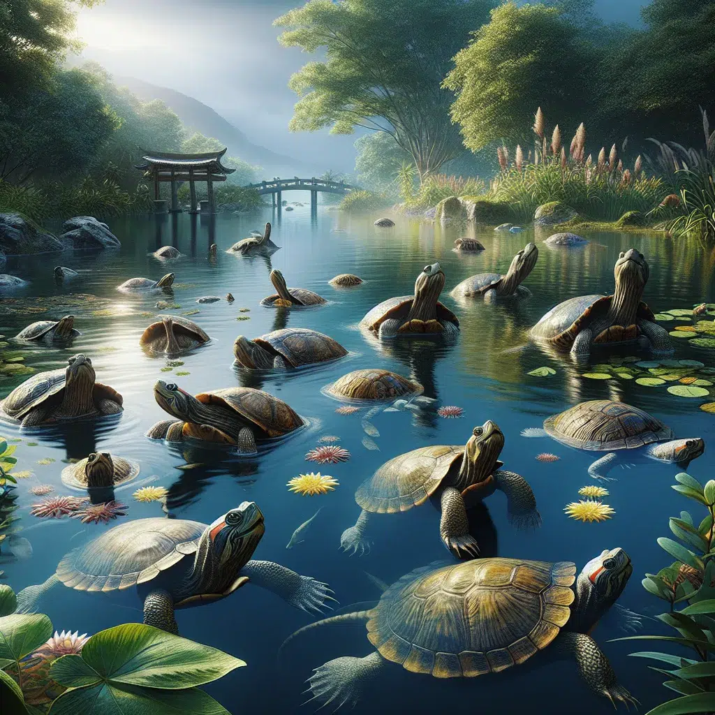 Tortugas nadando en un estanque natural al aire libre, disfrutando de su hábitat acuático. Imagen sugerente para ilustrar consejos de cuidado y cría de tortugas en estanques exteriores.