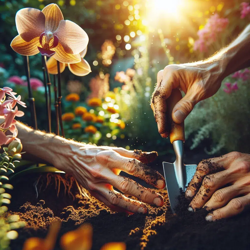 Imagen de un par de manos cuidadosas trasplantando una orquídea con delicadeza en un jardín soleado de verano.